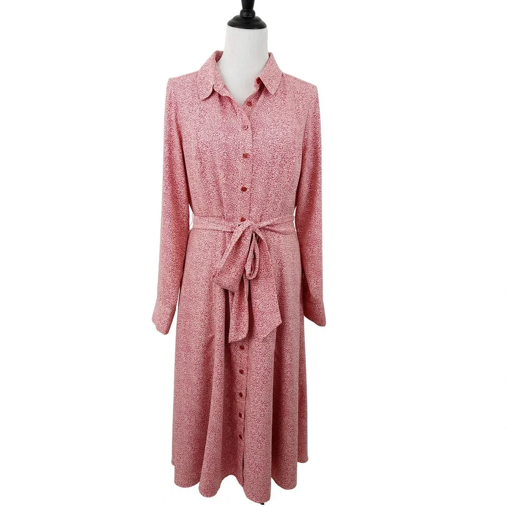 Rachel Parcell Long Sleeve Shirtdress Size L Pink Cheetah Animal Print Tie Waist - Picture 2 of 11